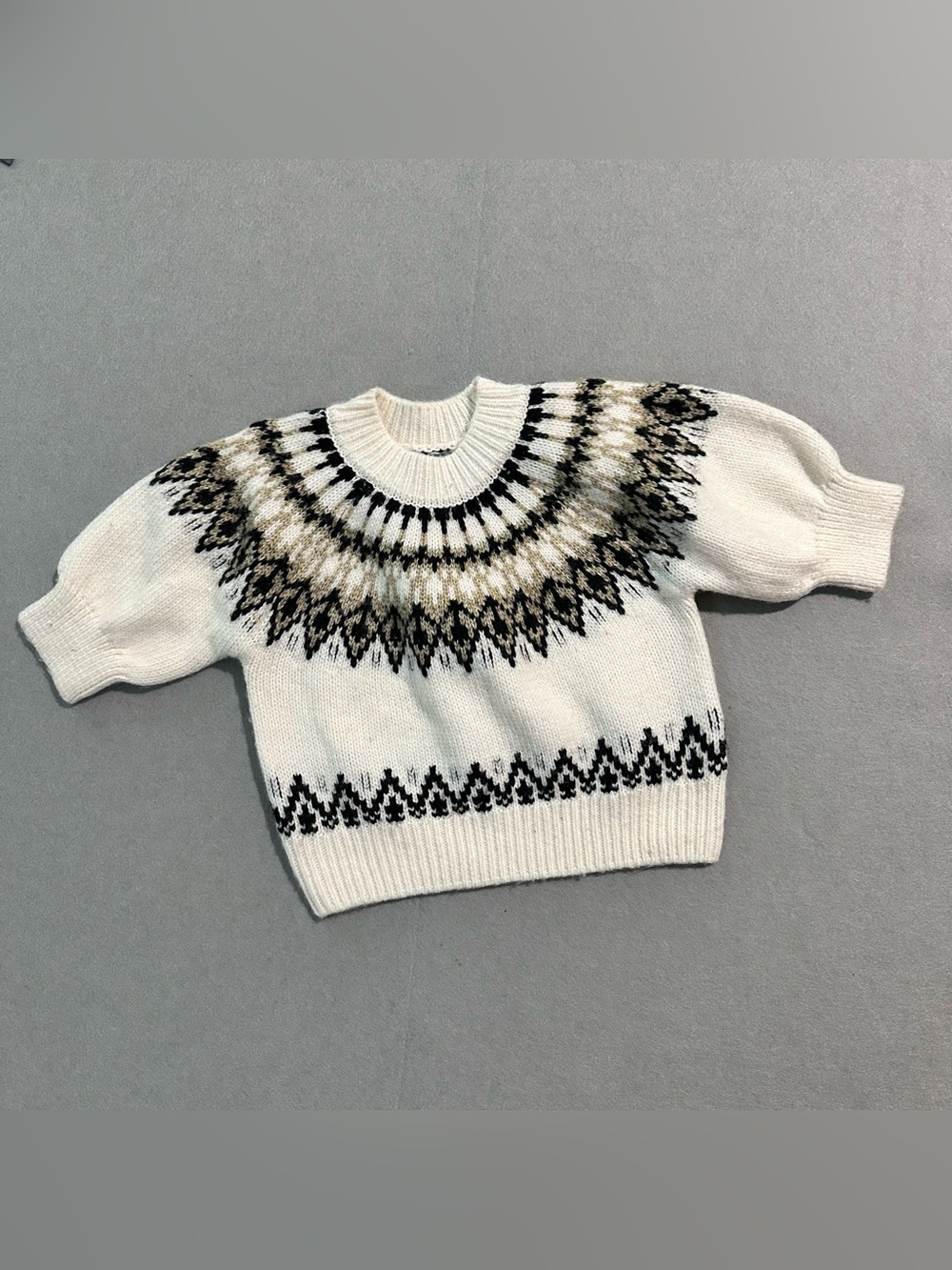 Christian Lacroix Cream Crewneck Fair Isle Knit Short Sleeve Sweater Size S